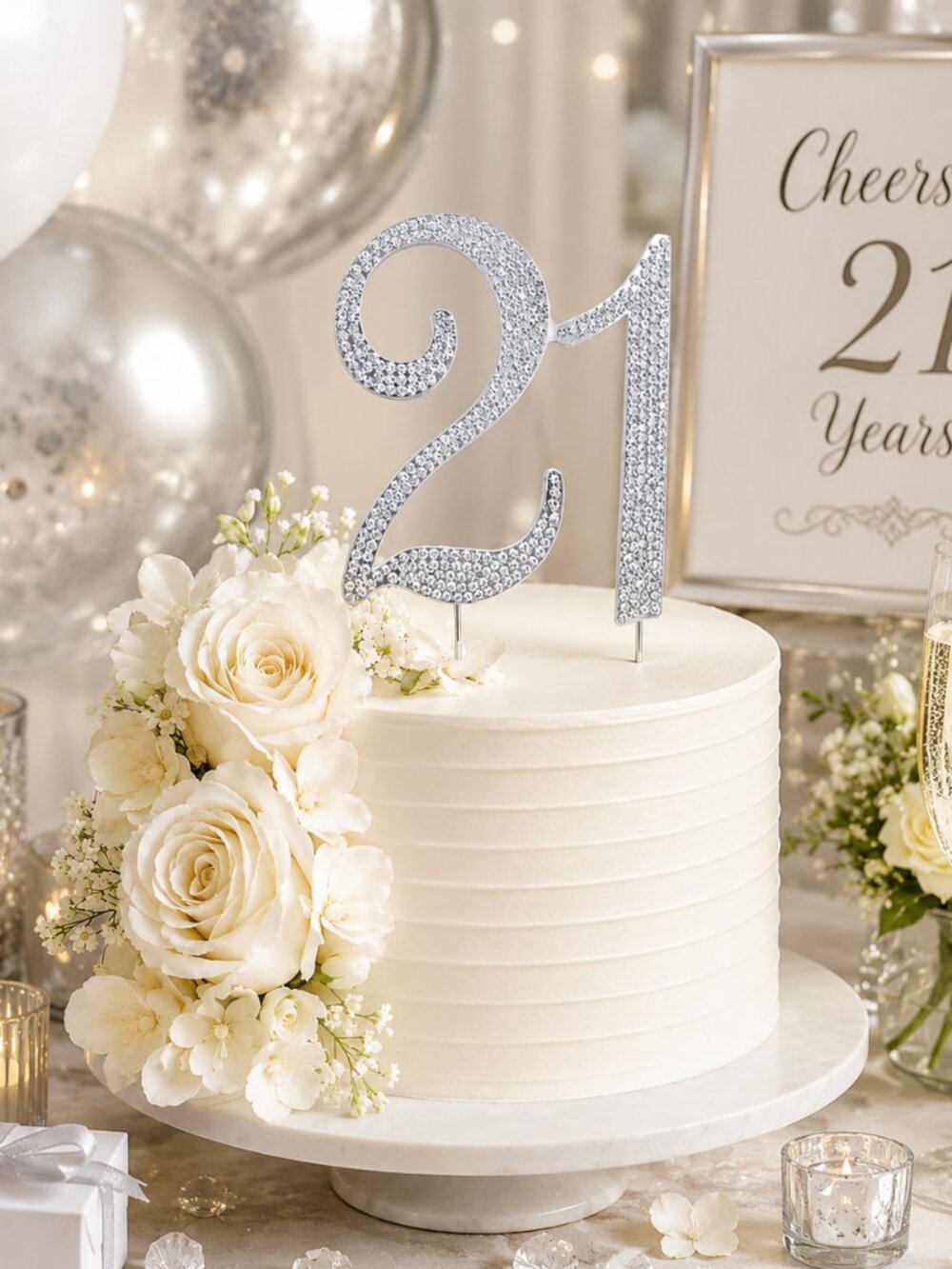 Rhinestone Cake Topper - Number 21 - Silver Metal with Czech Rhinestones